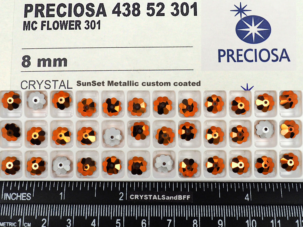 Crystal SunSet Gold custom coated, Preciosa Czech MC Flower 1-hole Sew-on Stones Style #301, 8mm, 36 pieces, Silver Foiled