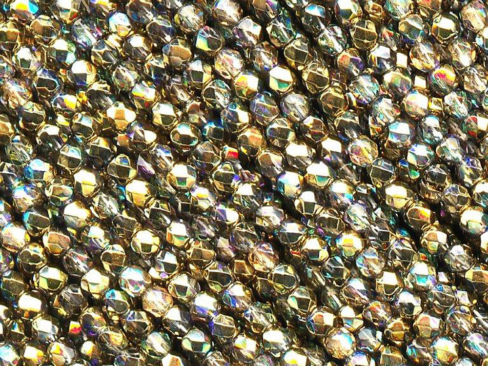 Crystal Golden Rainbow coated, Czech Fire Polished Round Faceted Glass Beads, Aurum Rainbow, 3mm, 4mm, 6mm