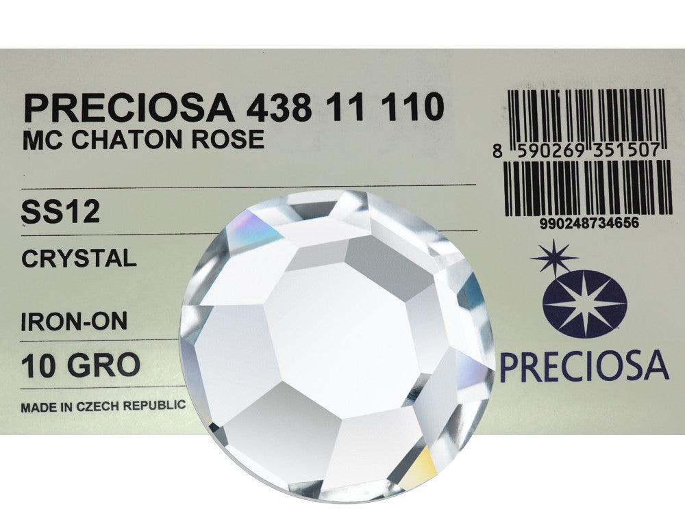 Crystal  HOTFIX, Preciosa Chaton Roses Article 438-11-110 (8-faceted MC Rhinestone Iron-on Flatbacks), Genuine Czech Crystals, 8-ft clear with Iron On Hot Fix Glue