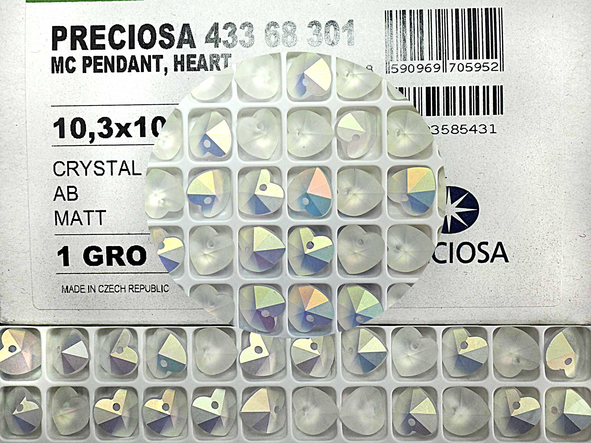 Crystal AB MATT, Preciosa Genuine Czech Crystals, 1-Hole Heart Pendants 10mm (top drilled), 12pcs