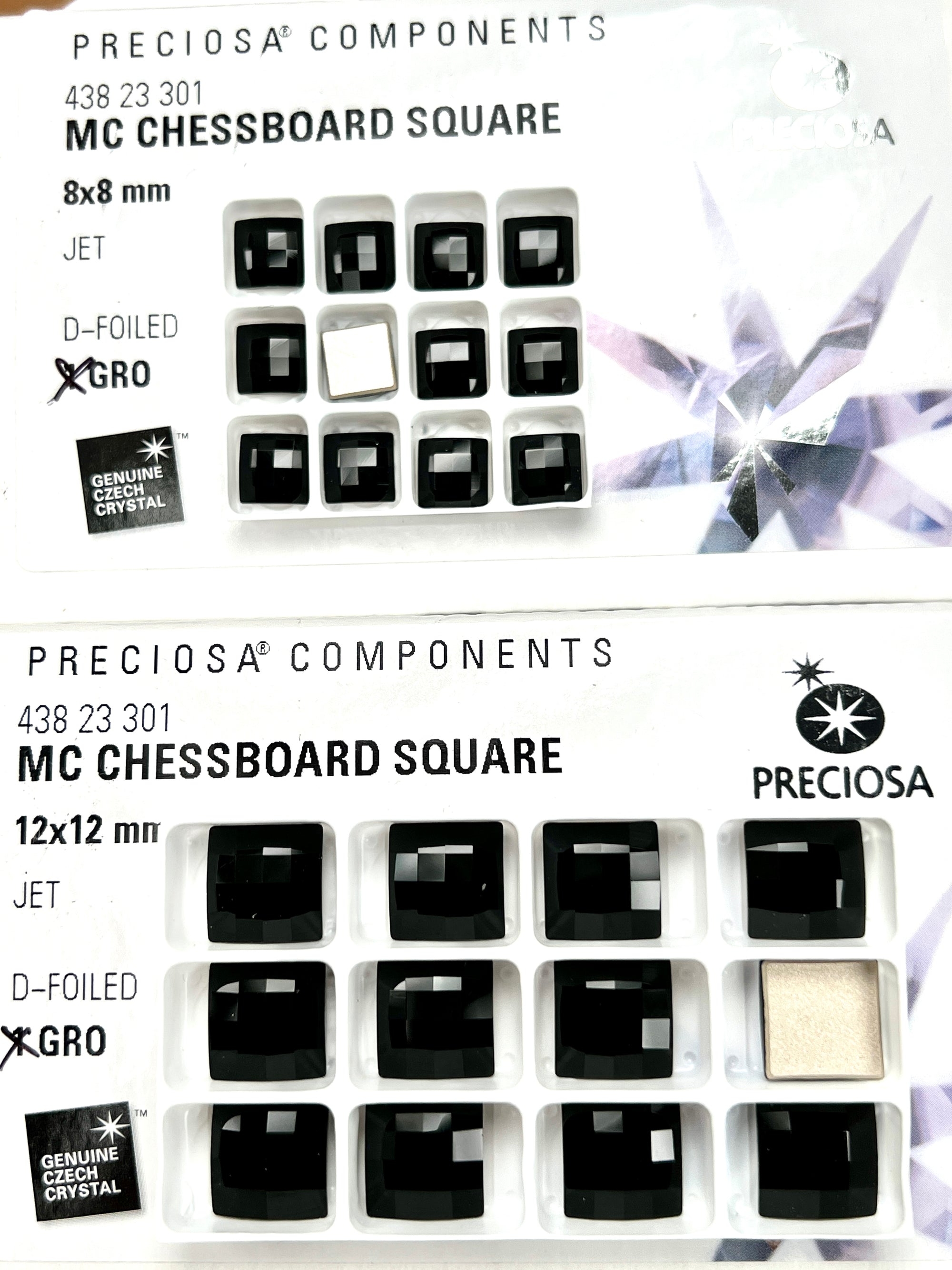 Jet black, Preciosa Czech MC Chessboard SQUARE Maxima Flatback Stones Style #438-23-301 Silver Foiled, sizes 8x8mm, 10x10mm, 12x12mm, 12 pieces