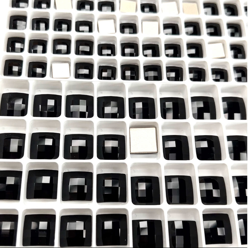 Jet black, Preciosa Czech MC Chessboard SQUARE Maxima Flatback Stones Style #438-23-301 Silver Foiled, sizes 8x8mm, 10x10mm, 12x12mm, 12 pieces