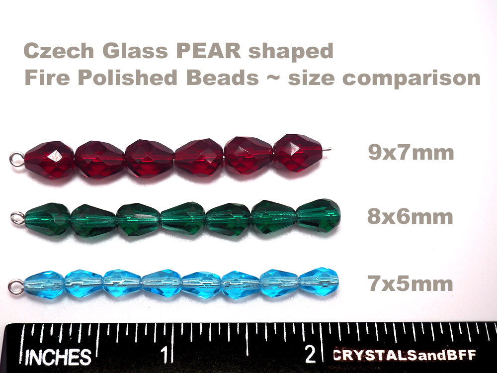 Czech Glass Pear Shaped Fire Polished Beads 9x7mm Light Siam AB coated red Tear Drops, 50 pieces, J020