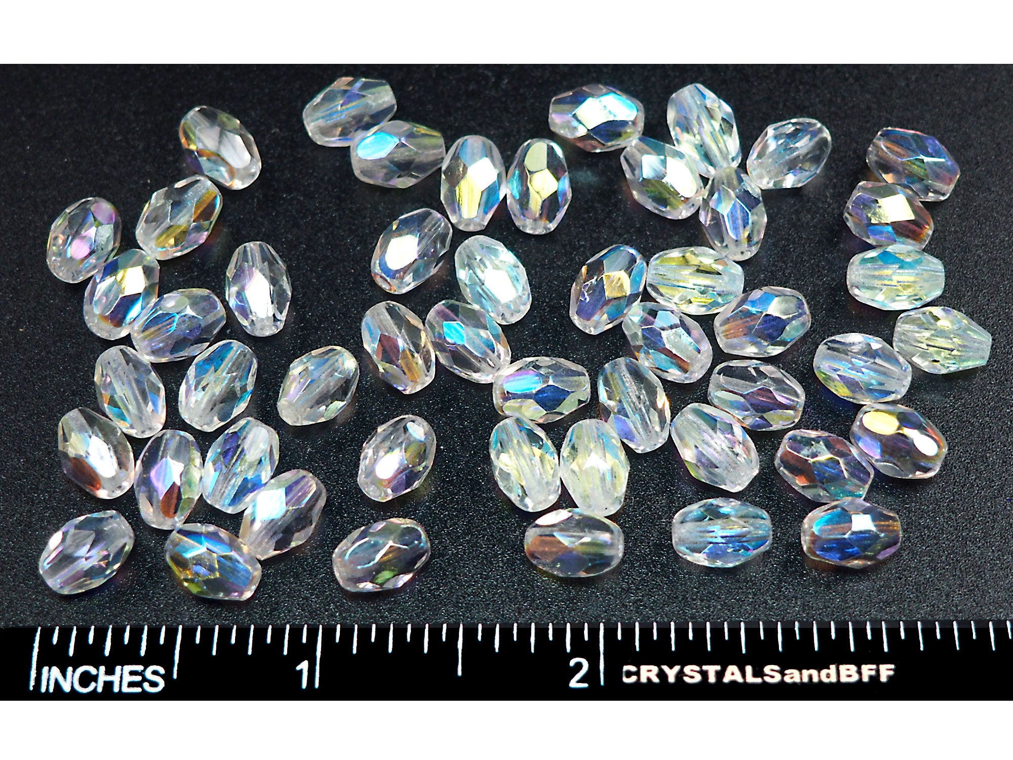 Czech Glass Olive Shaped Faceted Fire Polished Beads 9x7mm Crystal AB coated, 50 pieces, J001