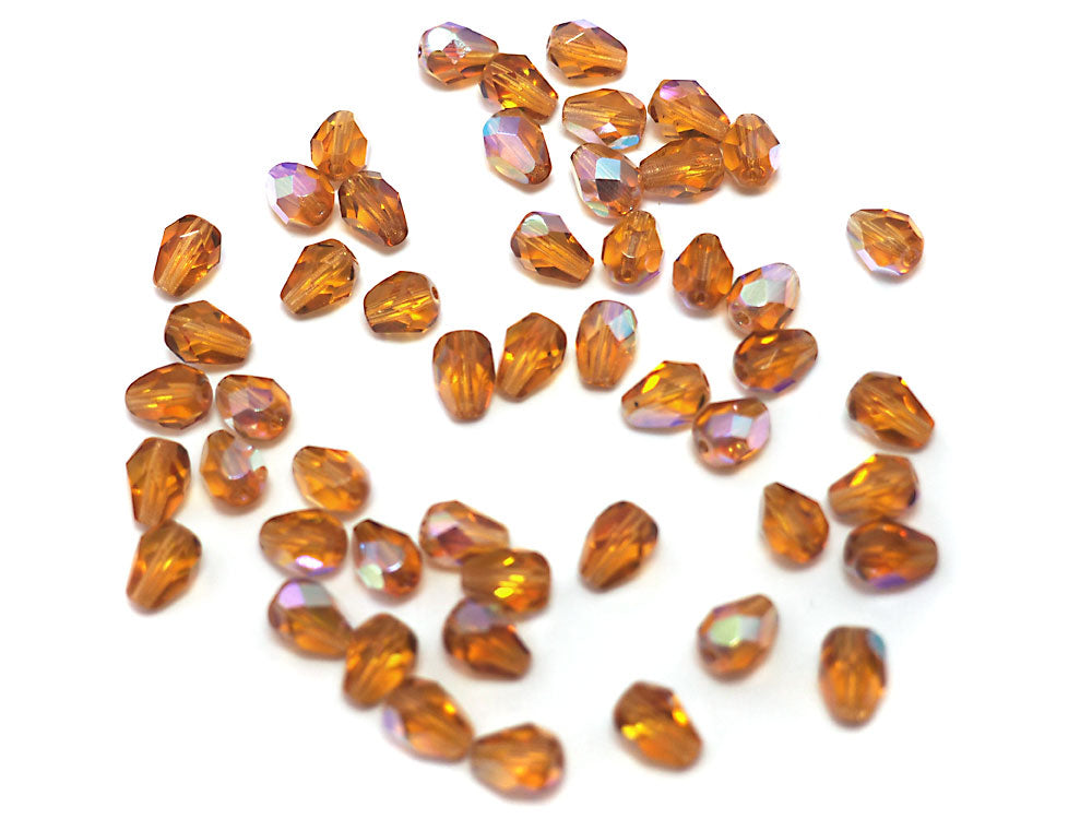 Czech Glass Pear Shaped Fire Polished Beads 8x6mm Topaz AB coated brown Tear Drops, 50 pieces, J017