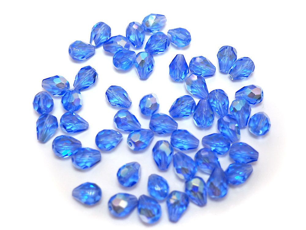 Czech Glass Pear Shaped Fire Polished Beads 9x7mm Sapphire AB coated blue Tear Drops, 50 pieces, J018