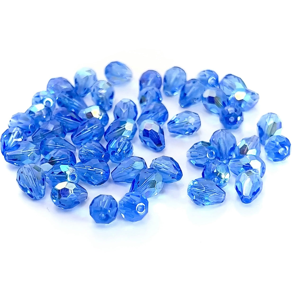 Czech Glass Pear Shaped Fire Polished Beads 9x7mm Sapphire AB coated blue Tear Drops, 50 pieces, J018