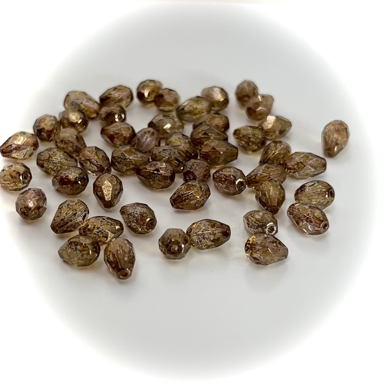 Czech Glass Pear Shaped Fire Polished Beads 9x7mm Crystal Senegal Luster coated brown Tear Drops, 50 pieces, J019