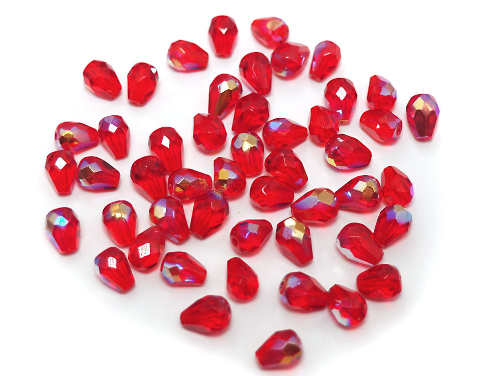 Czech Glass Pear Shaped Fire Polished Beads 9x7mm Light Siam AB coated red Tear Drops, 50 pieces, J020
