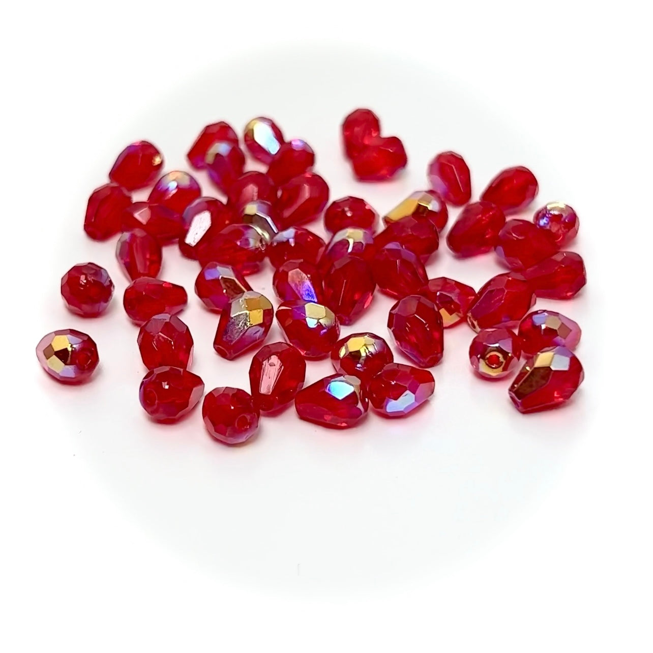 Czech Glass Pear Shaped Fire Polished Beads 9x7mm Light Siam AB coated red Tear Drops, 50 pieces, J020