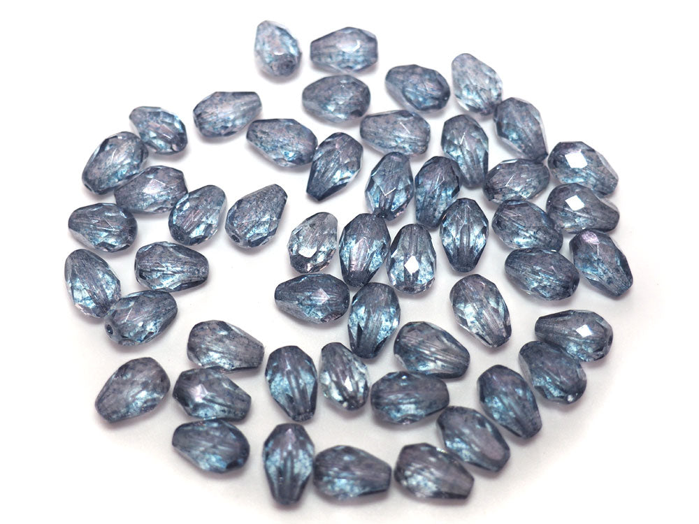 Czech Glass Pear Shaped Fire Polished Beads 9x7mm Crystal Blue Luster coated Tear Drops, 50 pieces, J021
