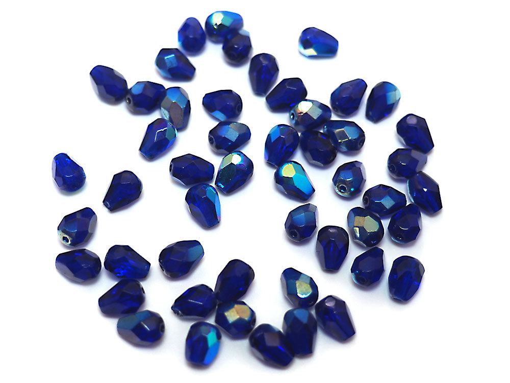 Czech Glass Pear Shaped Fire Polished Beads 8x6mm Cobalt Blue AB coated Tear Drops, 50 pieces, J022