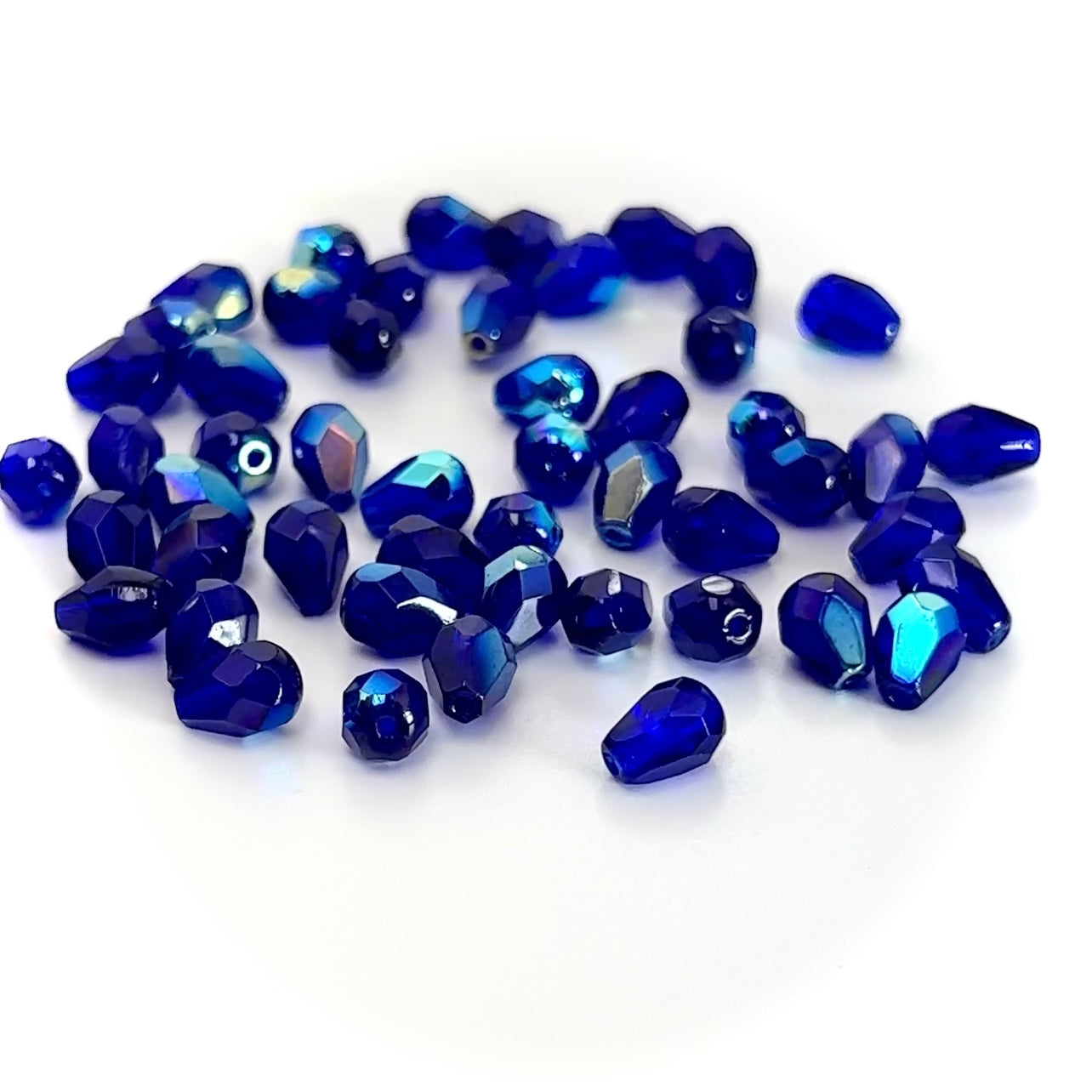 Czech Glass Pear Shaped Fire Polished Beads 8x6mm Cobalt Blue AB coated Tear Drops, 50 pieces, J022