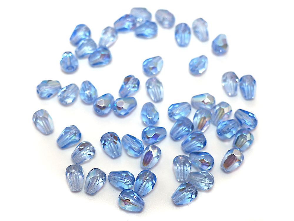 Czech Glass Pear Shaped Fire Polished Beads 8x6mm Light Sapphire AB coated blue Tear Drops, 50 pieces, J023
