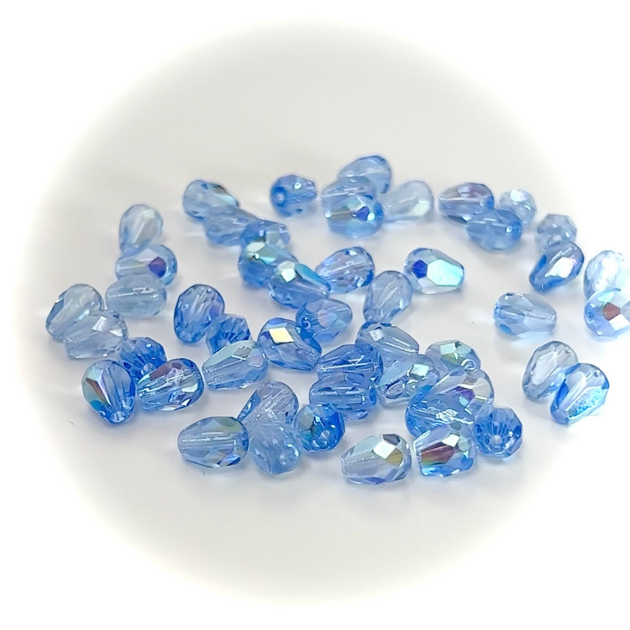 Czech Glass Pear Shaped Fire Polished Beads 8x6mm Light Sapphire AB coated blue Tear Drops, 50 pieces, J023