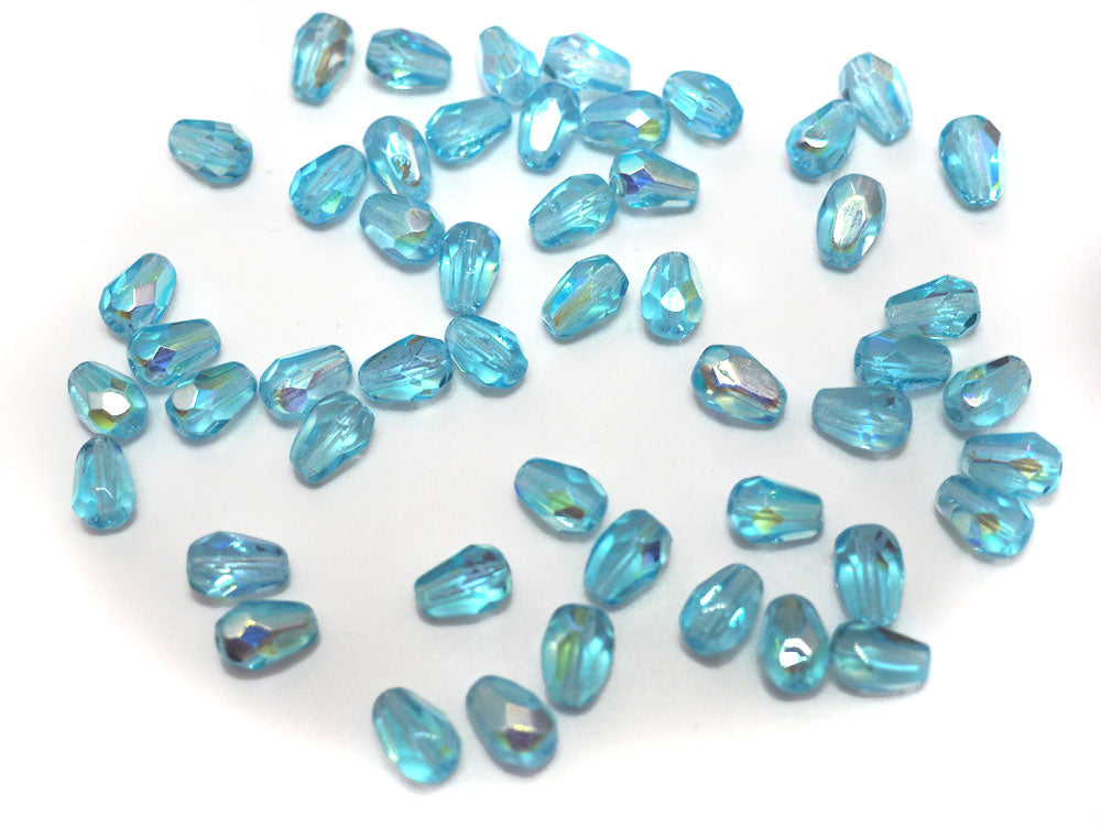 Czech Glass Pear Shaped Fire Polished Beads 8x6mm Aqua AB coated blue Tear Drops, 50 pieces, J025