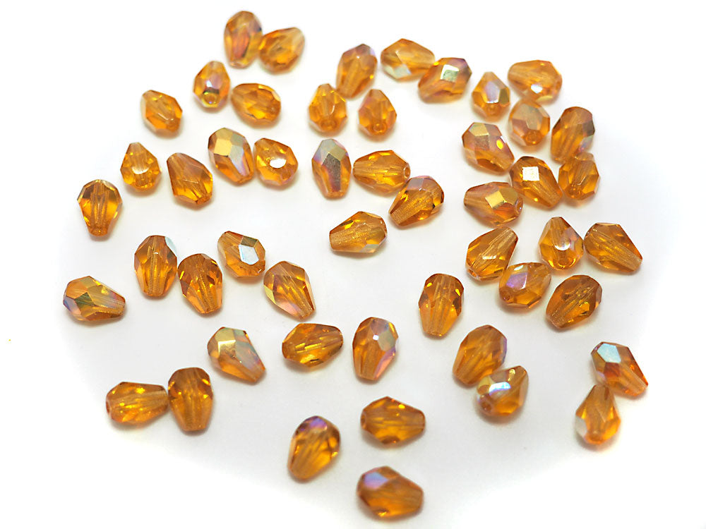 Czech Glass Pear Shaped Fire Polished Beads 8x6mm Light Topaz AB coated brown Tear Drops, 50 pieces, J028