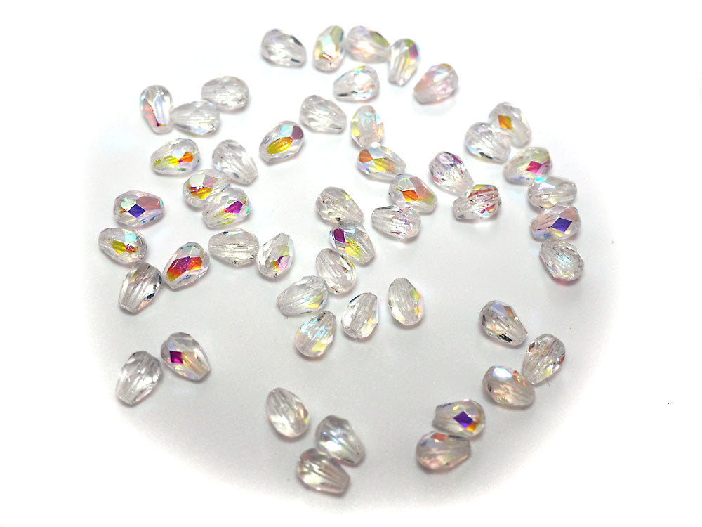 Czech Glass Pear Shaped Fire Polished Beads 7x5mm Crystal AB Tear Drops, 50 pieces, J030