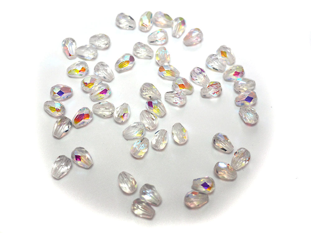 Czech Glass Pear Shaped Fire Polished Beads 8x6mm Crystal AB Tear Drops, 50 pieces, J029