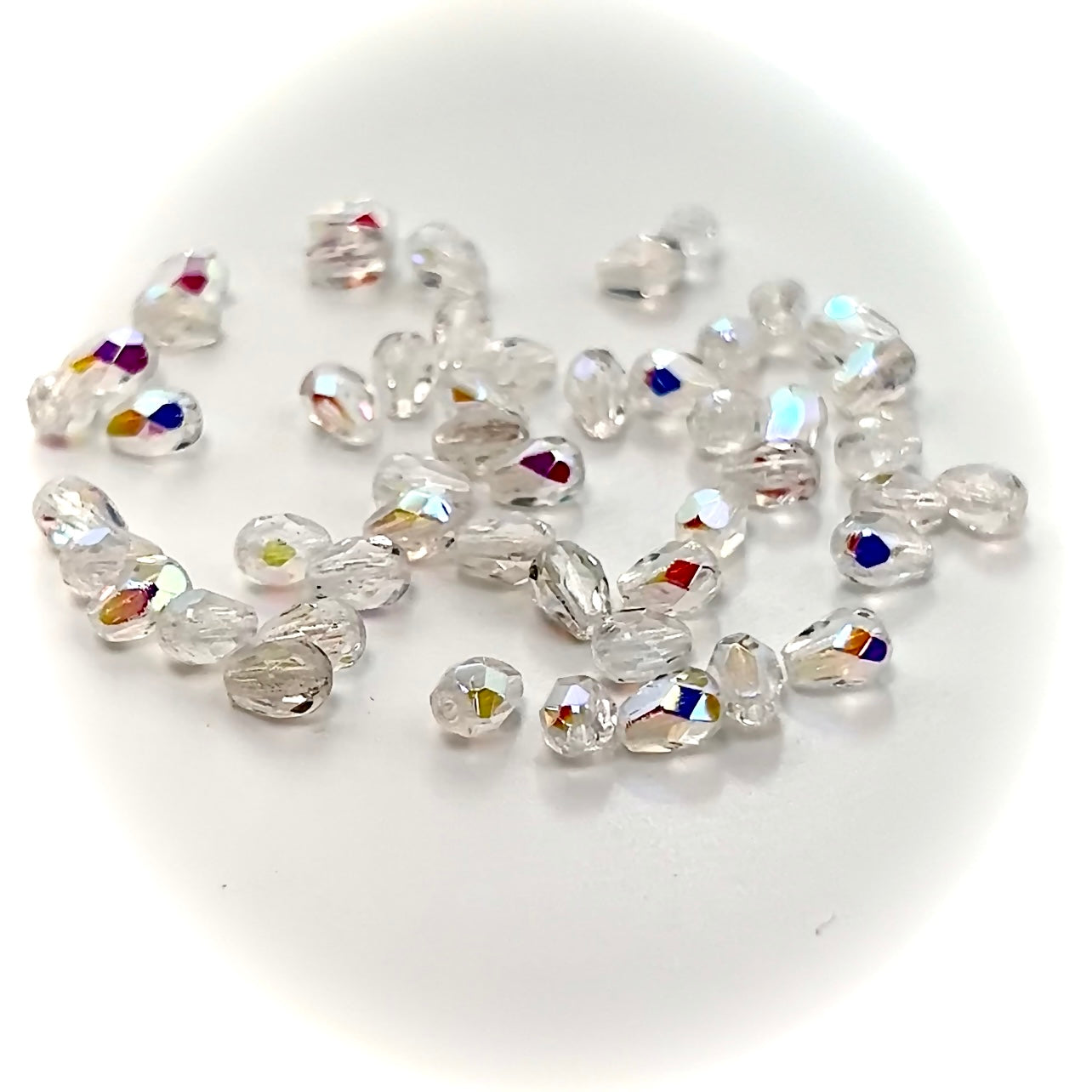Czech Glass Pear Shaped Fire Polished Beads 7x5mm Crystal AB Tear Drops, 50 pieces, J030
