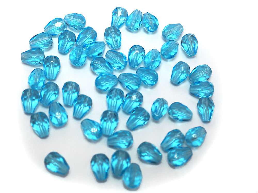 Czech Glass Pear Shaped Fire Polished Beads 7x5mm Aqua blue Tear Drops, 50 pieces, J031