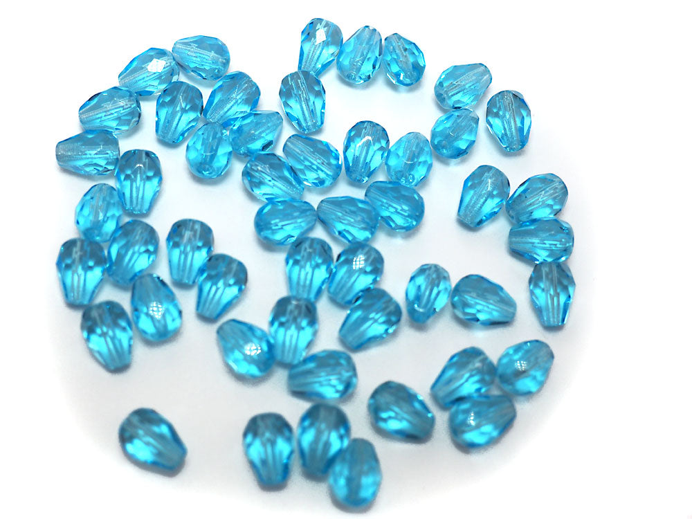 Czech Glass Pear Shaped Fire Polished Beads 9x7mm Aqua blue Tear Drops, 50 pieces, J039