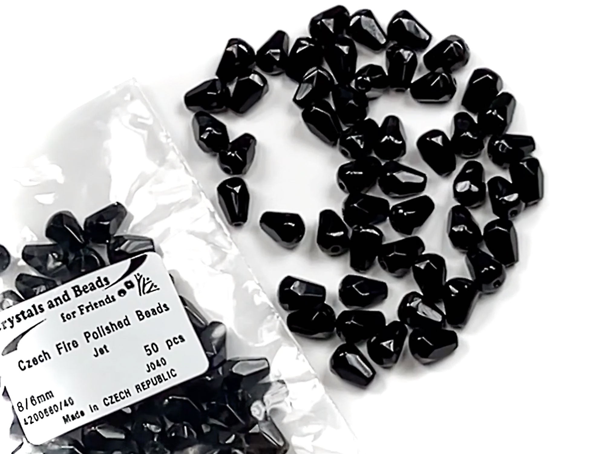 Czech Glass Parachute Pear Fire Polished Beads 8x6mm Jet black Tear Drops, 50 pieces, J040