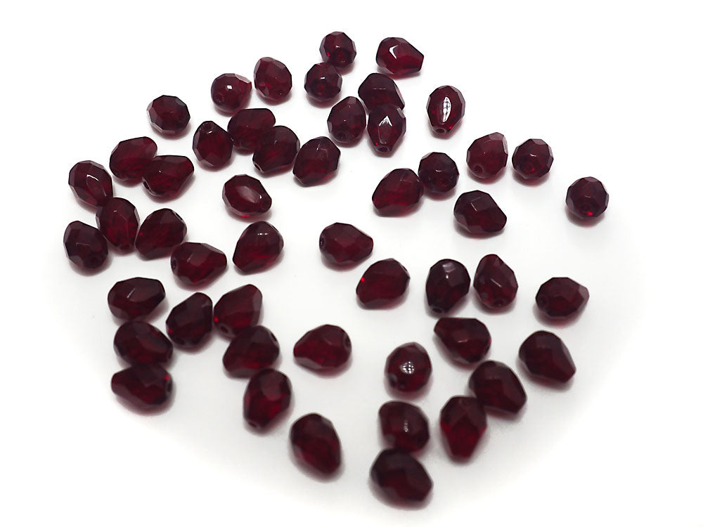 Czech Glass Pear Shaped Fire Polished Beads 9x7mm Garnet deep red Tear Drops, 50 pieces, J041