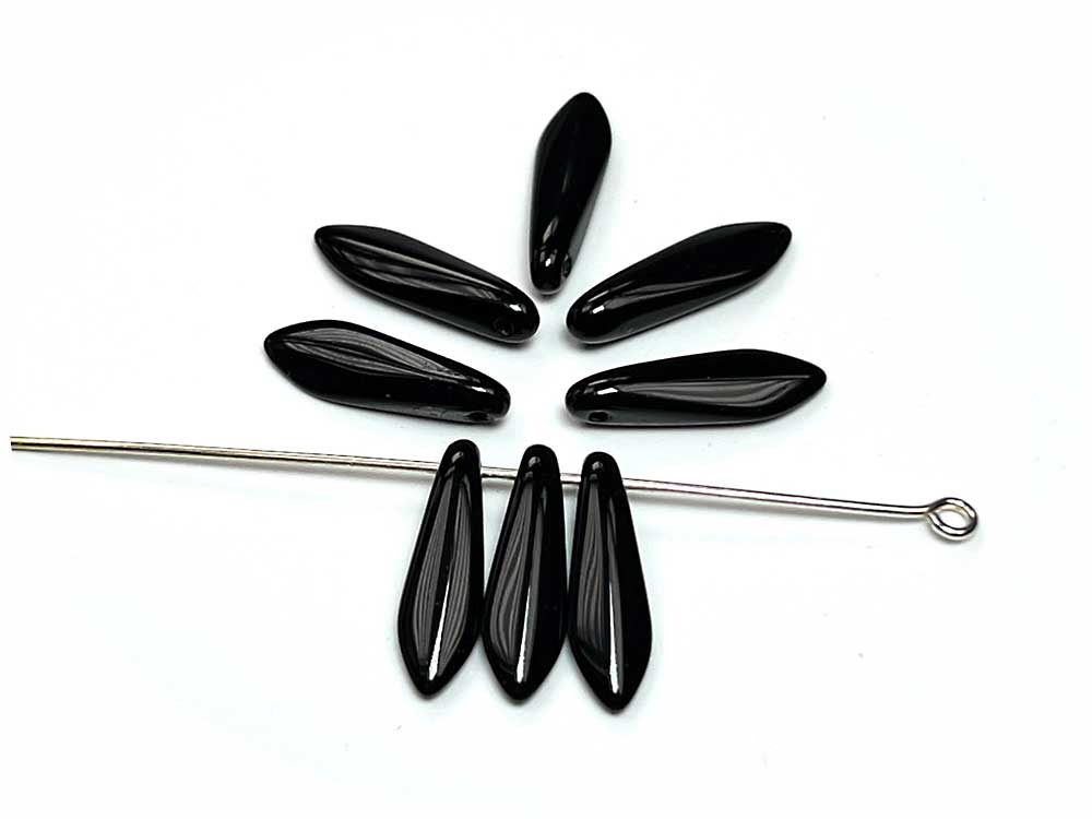 Czech Glass Druk Dagger Beads 5x16mm Jet black, 50 pieces, pressed smooth top drilled, J091