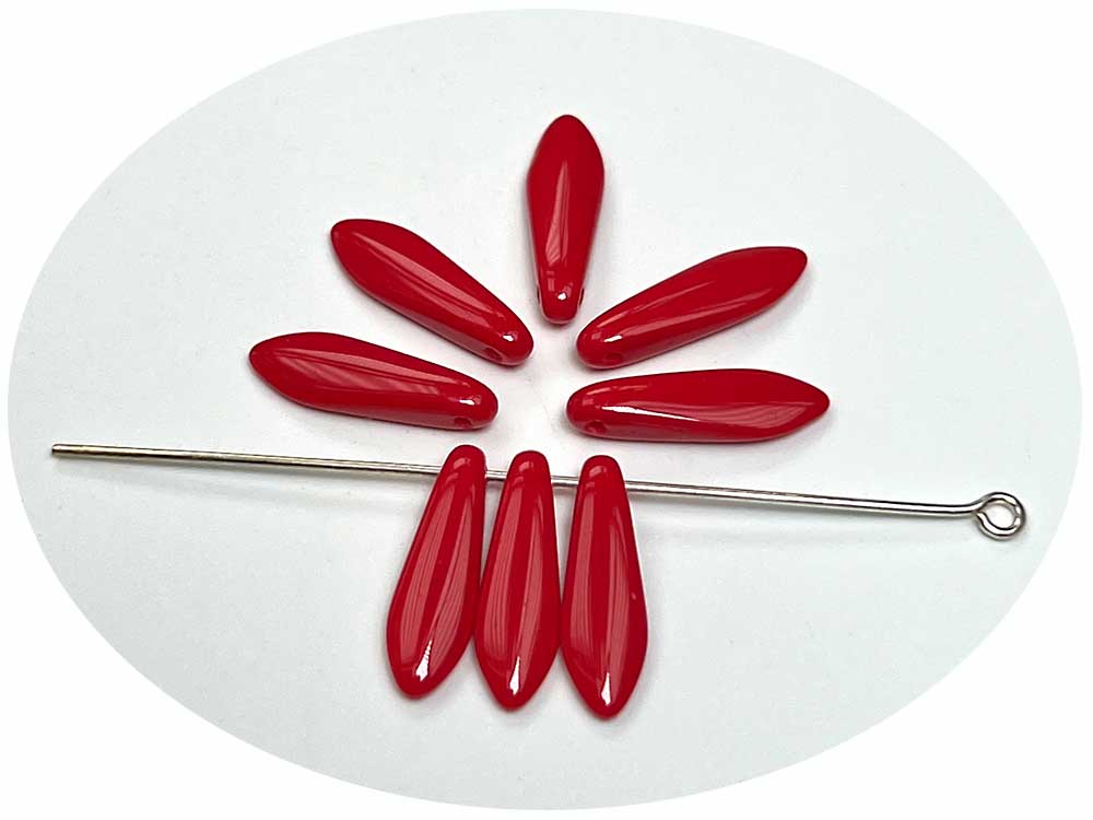 Czech Glass Druk Dagger Beads 5x16mm Red Coral Opaque, 50 pieces, pressed smooth top drilled, J092