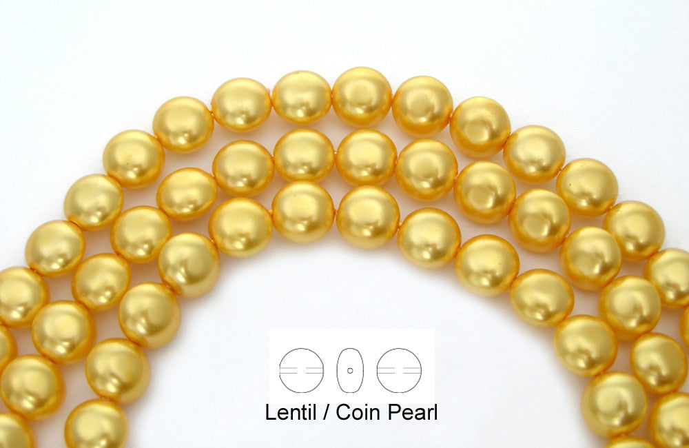 50 Czech Lentil Coin Glass Pearls 9x6mm Bright Gold Pearl color squished pearls