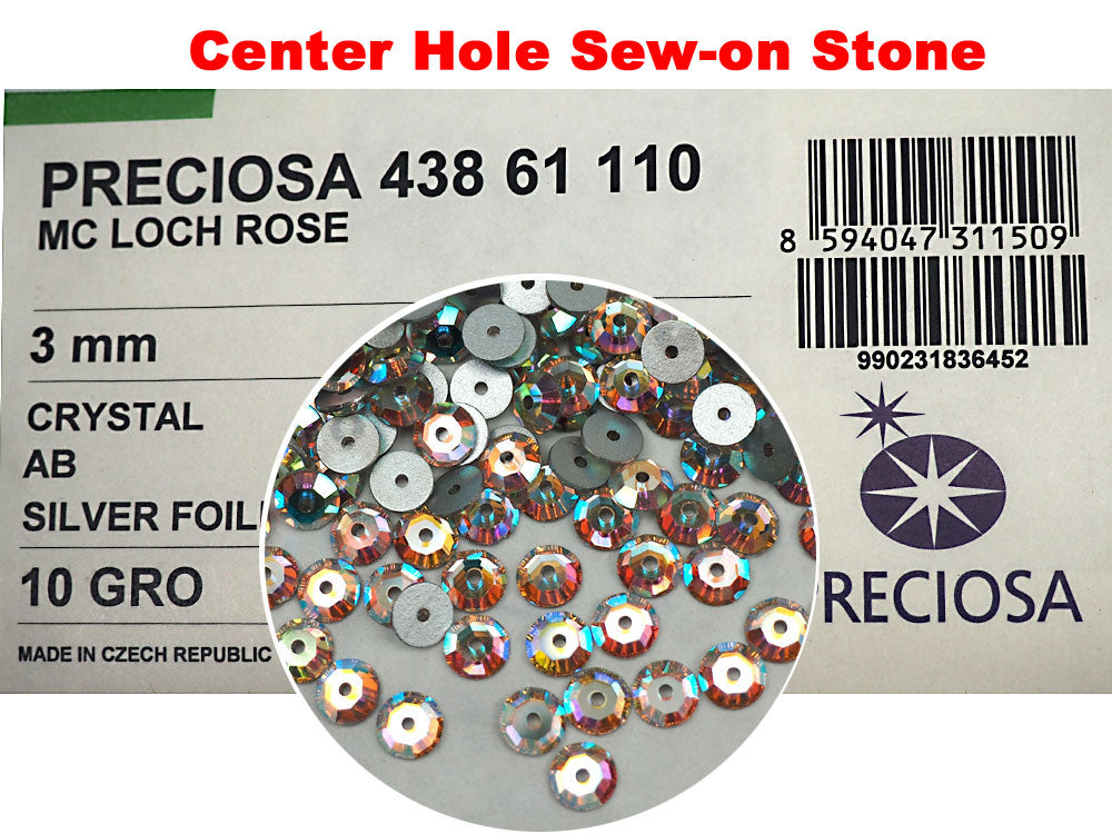 Crystal AB, Preciosa Czech MC Loch Rose 1-hole Sew-on Stones Style #438-61-110, 3mm, 1440 pieces, Clear with Aurora Borealis, Silver Foiled, Center Hole Lochrosen