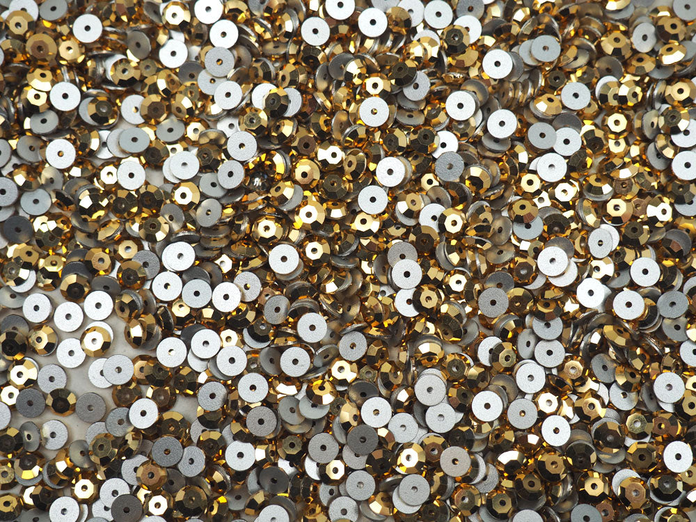 Crystal Aurum Gold, Preciosa Czech MC Loch Rose 1-hole Sew-on Stones Style #438-61-110, 4mm, 1440 pieces, Clear with Golden coating, Silver Foiled, Center Hole Lochrosen