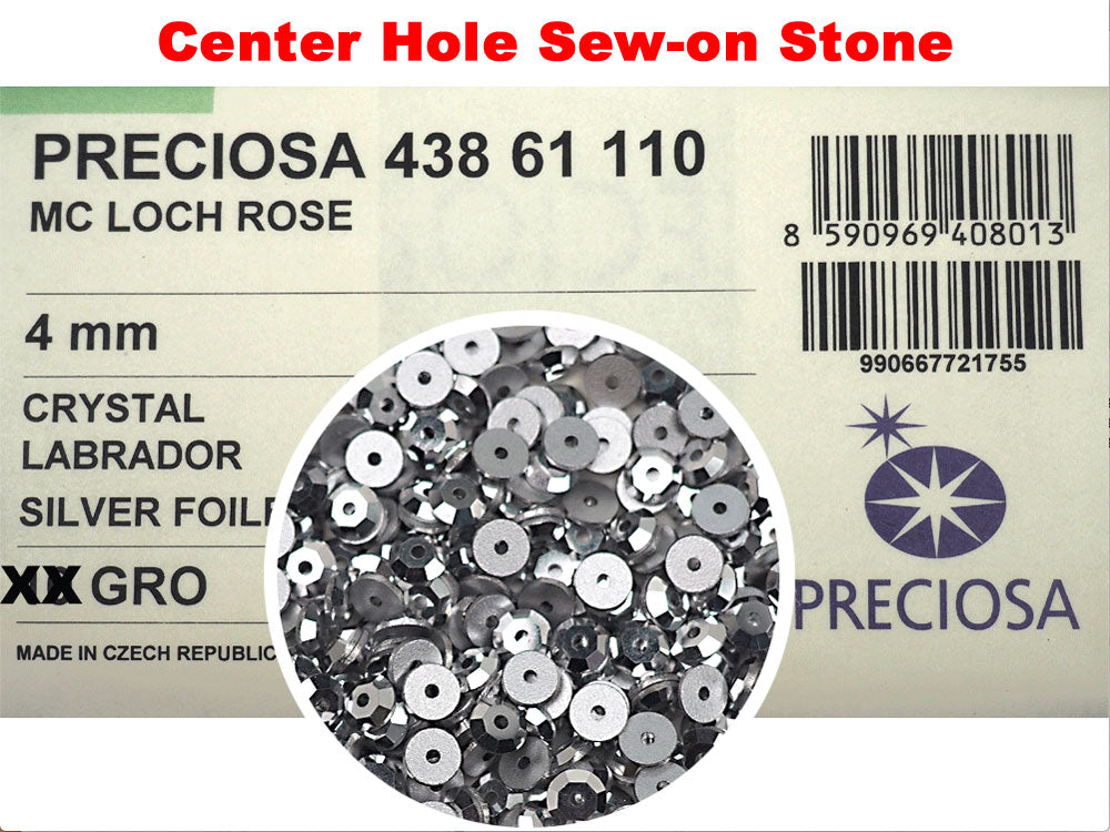 Crystal Labrador CAL, Preciosa Czech MC Loch Rose 1-hole Sew-on Stones Style #438-61-110, 4mm, 1440 pieces, Clear with Silver coating, Silver Foiled, Center Hole Lochrosen