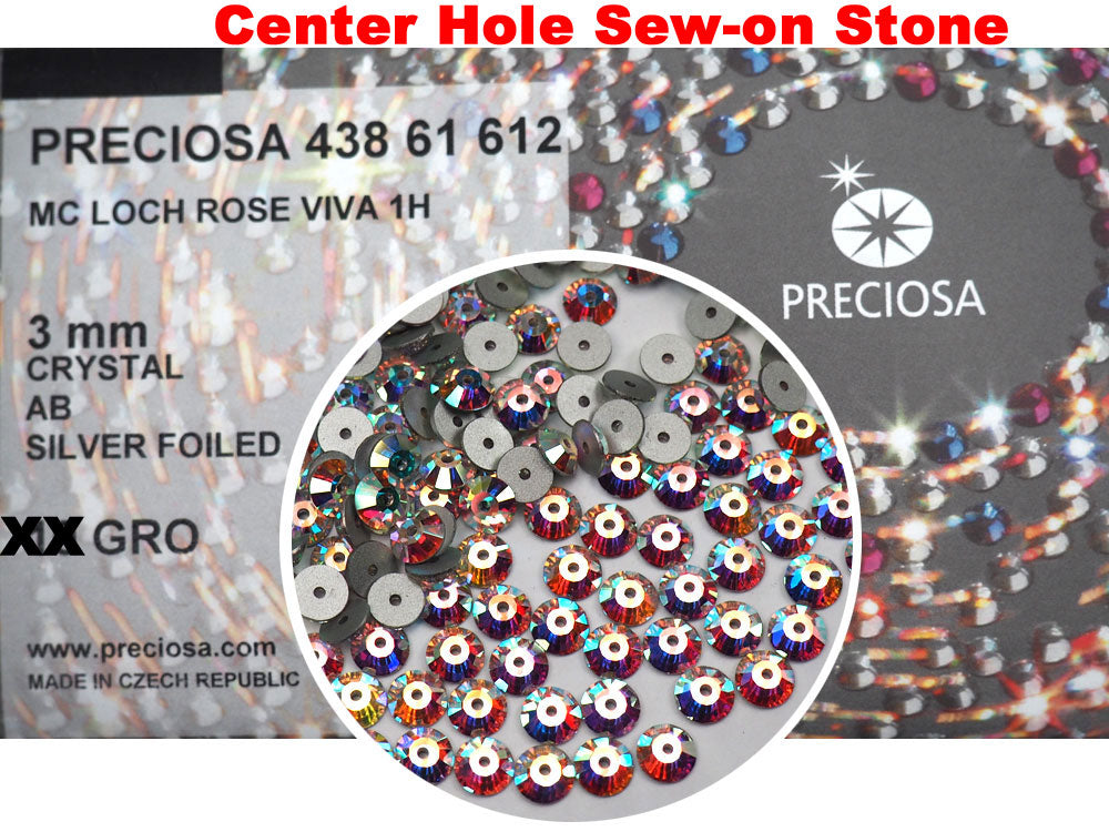 Crystal AB, Preciosa Czech MC VIVA Loch Rose 1-hole Sew-on Stones Style #438-61-612, 3mm, 360 pieces, Clear with Aurora Borealis, Silver Foiled, Center Hole Lochrosen