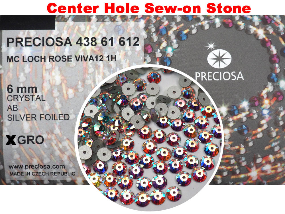 Crystal AB, Preciosa Czech MC VIVA Loch Rose 1-hole Sew-on Stones Style #438-61-612, 6mm, 72 pieces, Clear with Aurora Borealis, Silver Foiled, Center Hole Lochrosen
