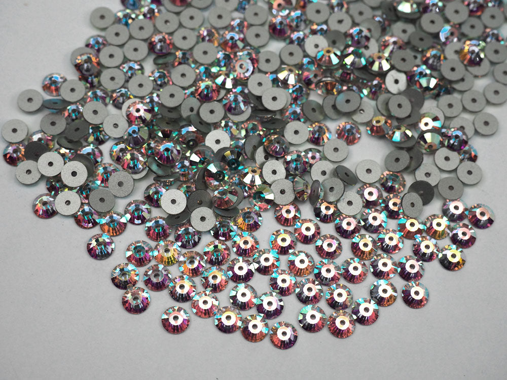 Crystal AB, Preciosa Czech MC VIVA Loch Rose 1-hole Sew-on Stones Style #438-61-612, 5mm, 144 pieces, Clear with Aurora Borealis, Silver Foiled, Center Hole Lochrosen
