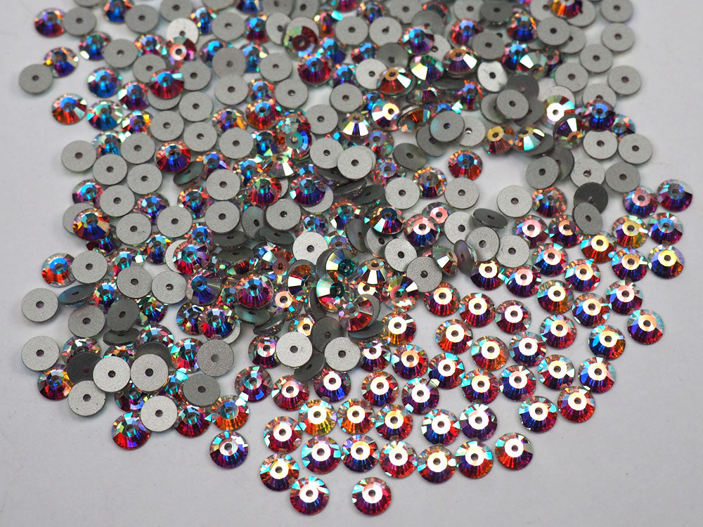 Crystal AB, Preciosa Czech MC VIVA Loch Rose 1-hole Sew-on Stones Style #438-61-612, 5mm, 144 pieces, Clear with Aurora Borealis, Silver Foiled, Center Hole Lochrosen