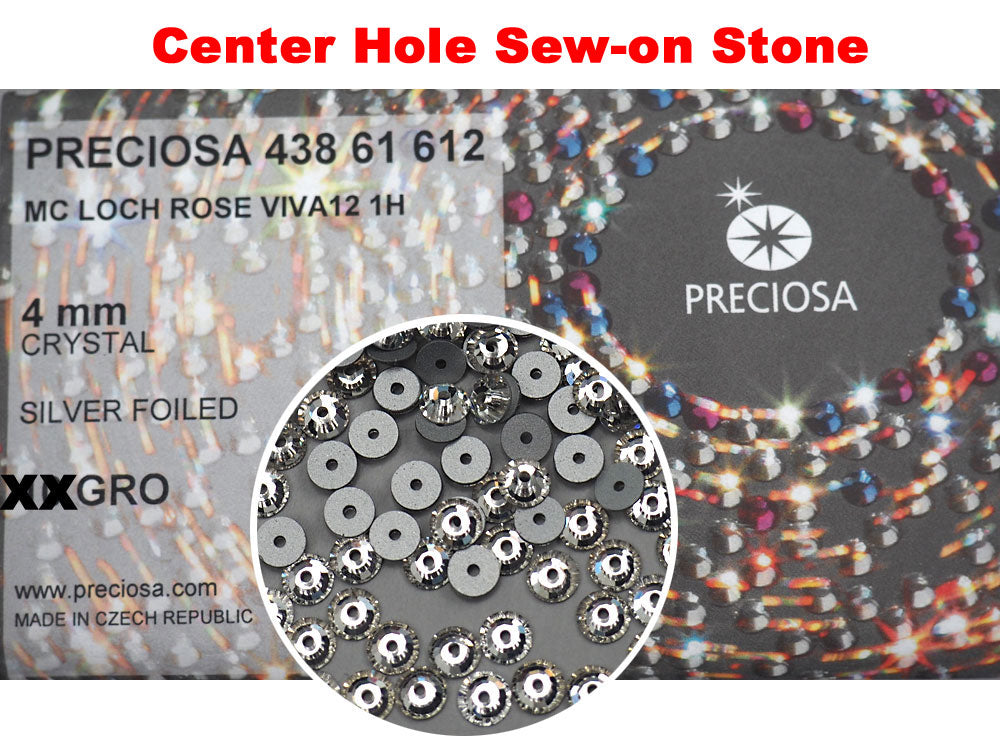 Crystal clear, Preciosa Czech MC VIVA Loch Rose 1-hole Sew-on Stones Style #438-61-612, 4mm, 288 pieces, Silver Foiled, Center Hole Lochrosen