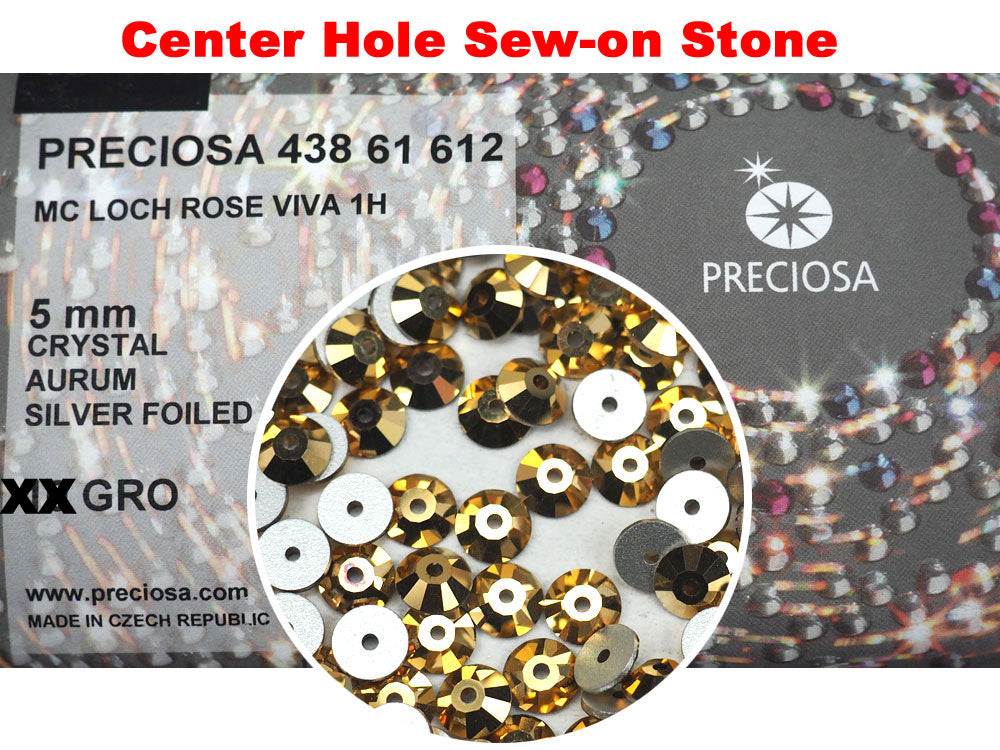 Crystal Aurum Gold, Preciosa Czech MC VIVA Loch Rose 1-hole Sew-on Stones Style #438-61-612, 5mm, 144 pieces, Silver Foiled, Center Hole Lochrosen