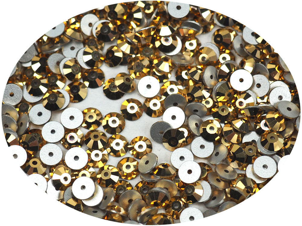 Crystal Aurum Gold, Preciosa Czech MC VIVA Loch Rose 1-hole Sew-on Stones Style #438-61-612, 5mm, 144 pieces, Silver Foiled, Center Hole Lochrosen