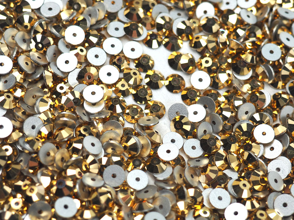 Crystal Aurum Gold, Preciosa Czech MC VIVA Loch Rose 1-hole Sew-on Stones Style #438-61-612, 5mm, 144 pieces, Silver Foiled, Center Hole Lochrosen