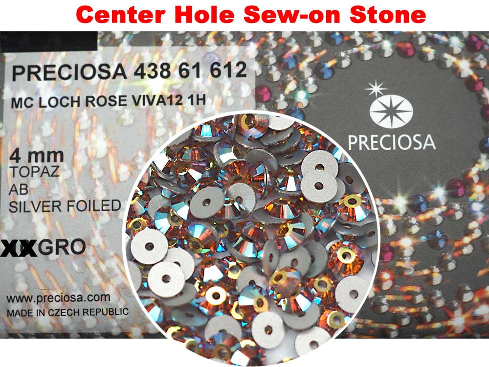 Topaz AB, Preciosa Czech MC VIVA Loch Rose 1-hole Sew-on Stones Style #438-61-612, 4mm, 288 pieces, Golden Brown coated with Aurora Borealis, Silver Foiled, Center Hole Lochrosen