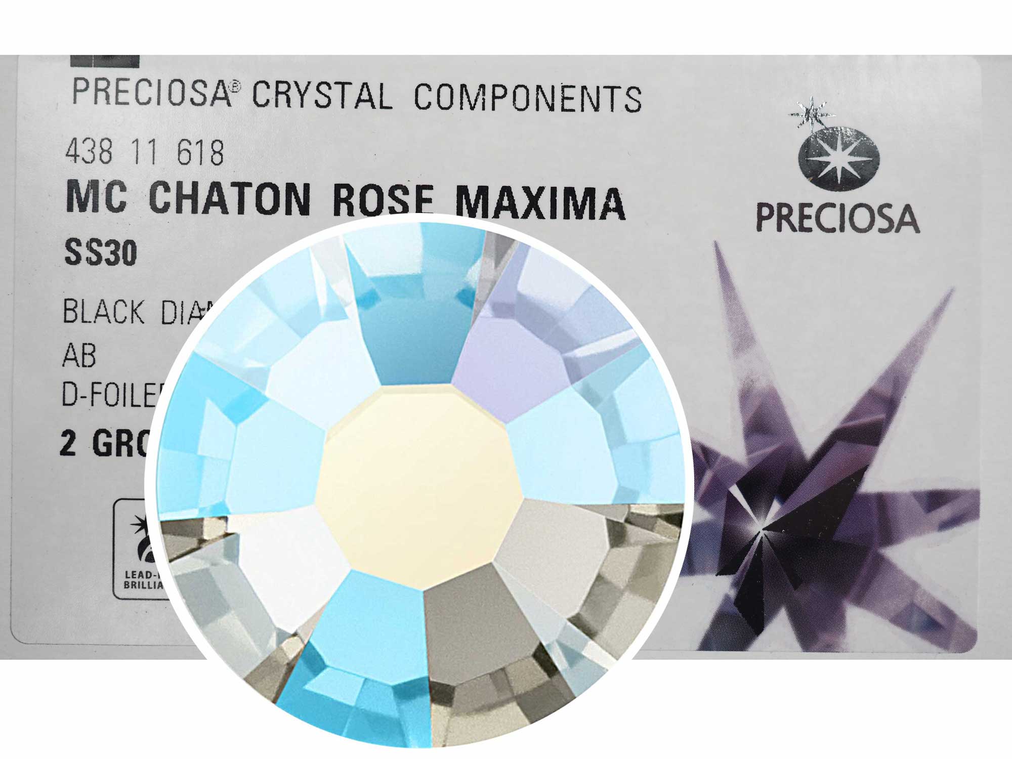 Black Diamond AB Preciosa VIVA or MAXIMA Chaton Roses (Rhinestone Flatbacks) Genuine Czech Crystals, grey coated with Aurora Borealis