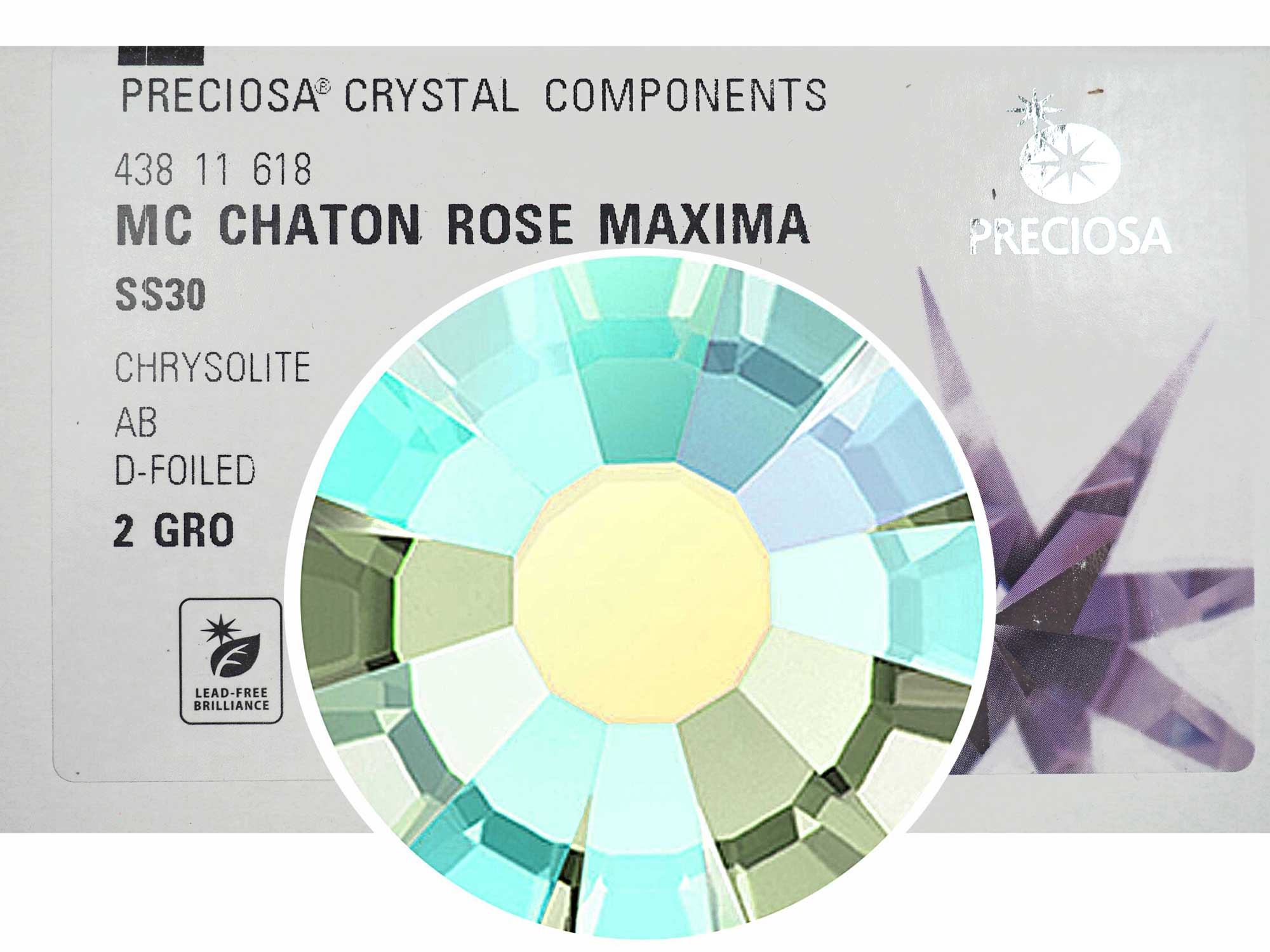 Chrysolite AB, Preciosa VIVA or MAXIMA Chaton Roses (Rhinestone Flatbacks), Genuine Czech Crystals, pale green coated with Aurora Borealis