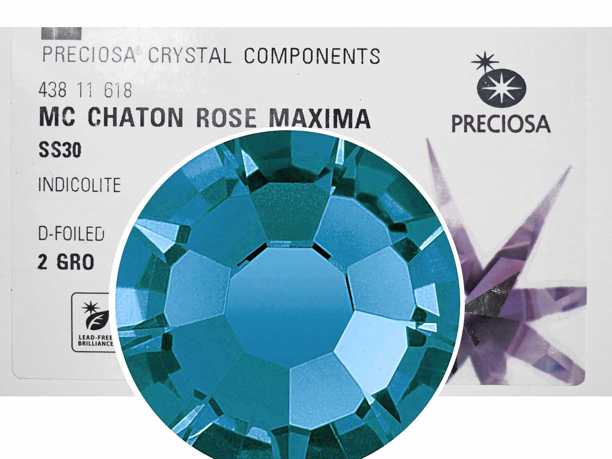 Indicolite Preciosa VIVA or MAXIMA Chaton Roses (Rhinestone Flatbacks) Genuine Czech Crystals light blue green