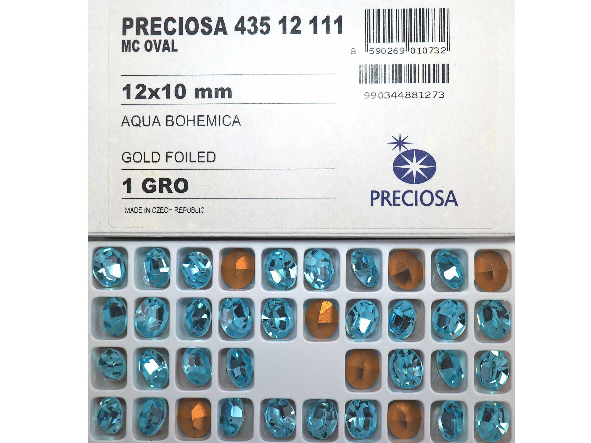 Aqua Bohemica, Preciosa Czech MC OVAL Stones in size 12x10mm, 24 pieces, Gold Foiled, P598