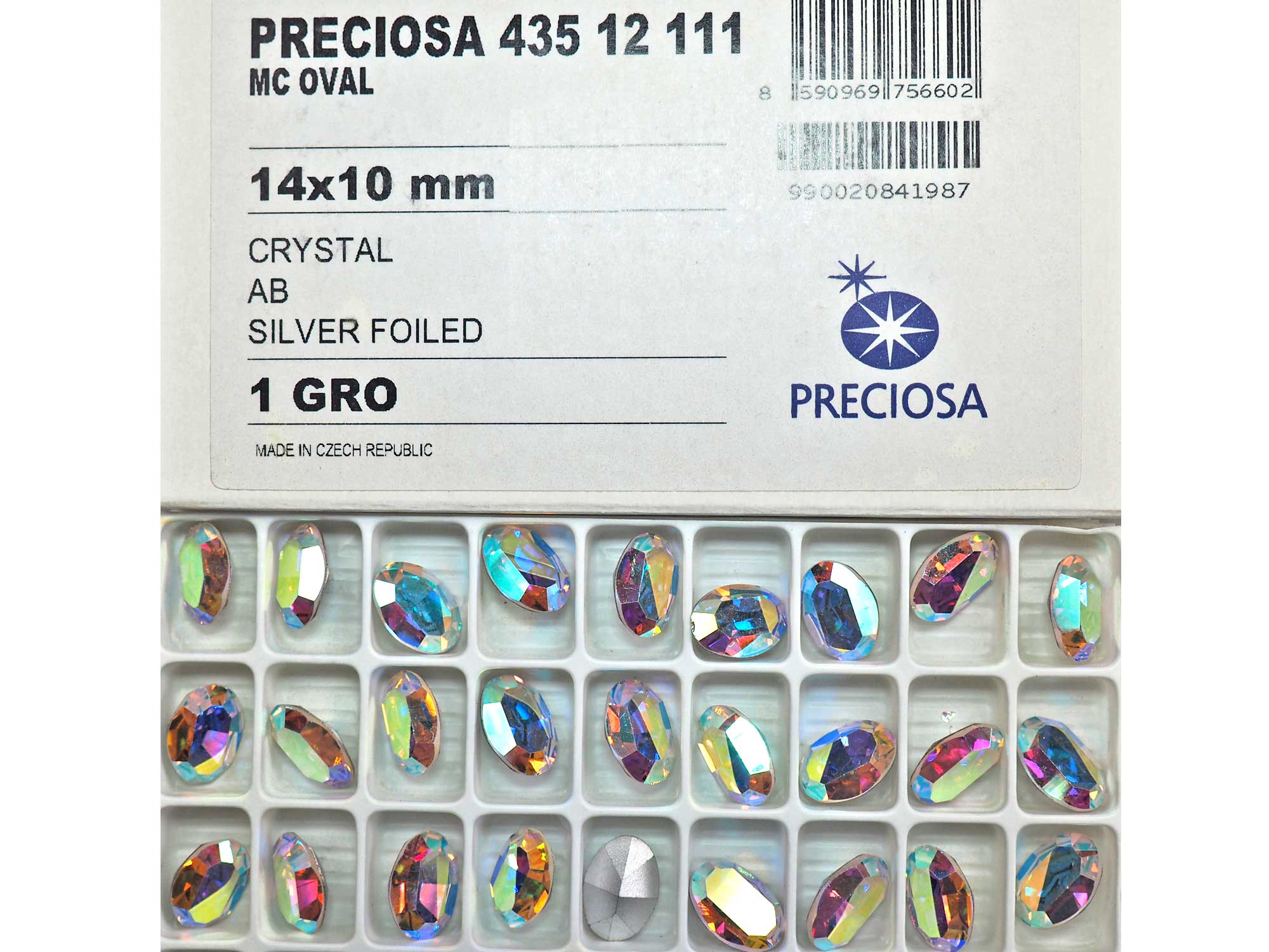 Crystal AB, Preciosa Czech MC OVAL Stones in size 14x10mm, 12 pieces, Silver Foiled, P601