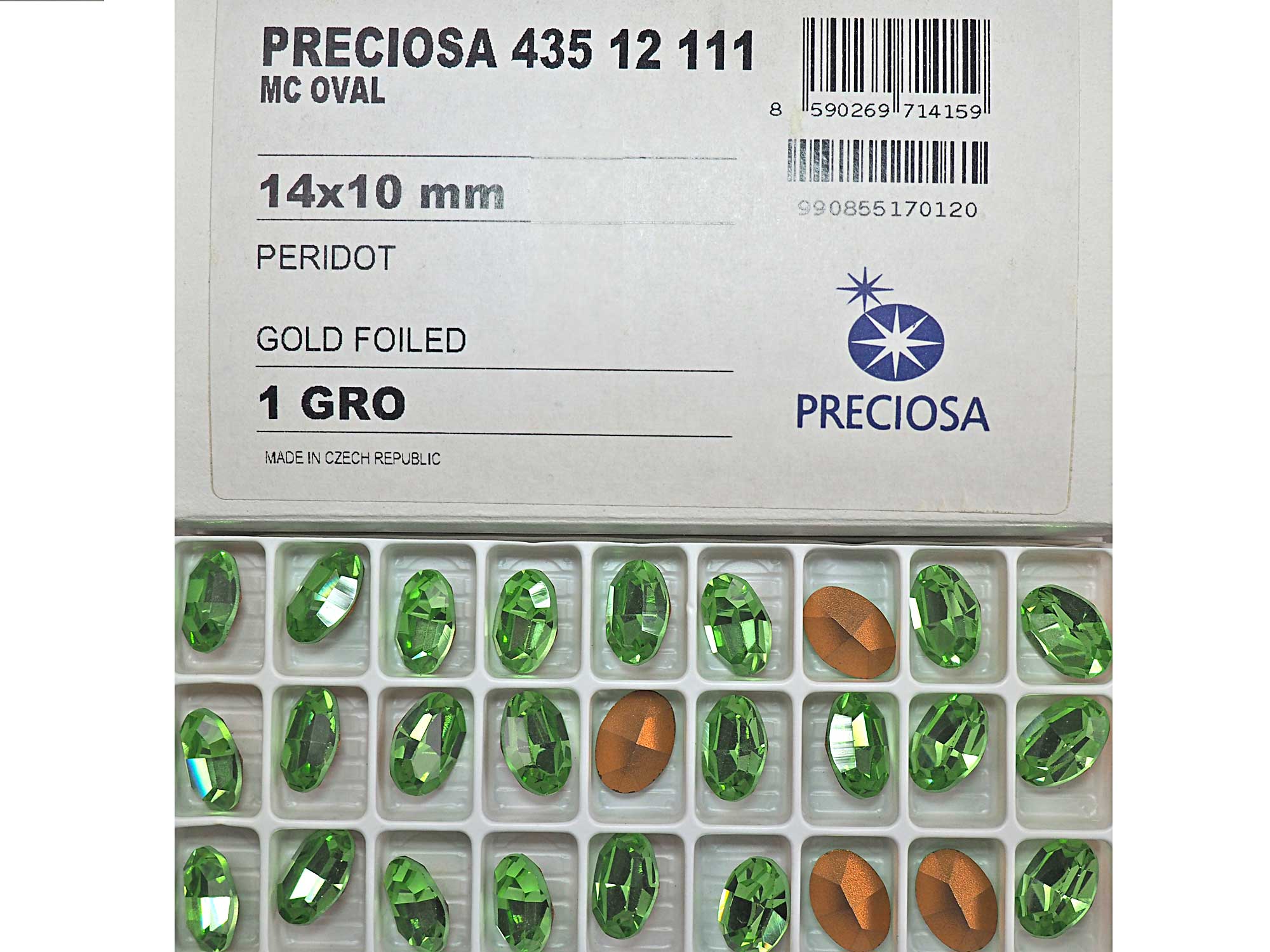 Peridot, Preciosa Czech MC OVAL Stones in size 14x10mm, 12 pieces, Gold Foiled, P600