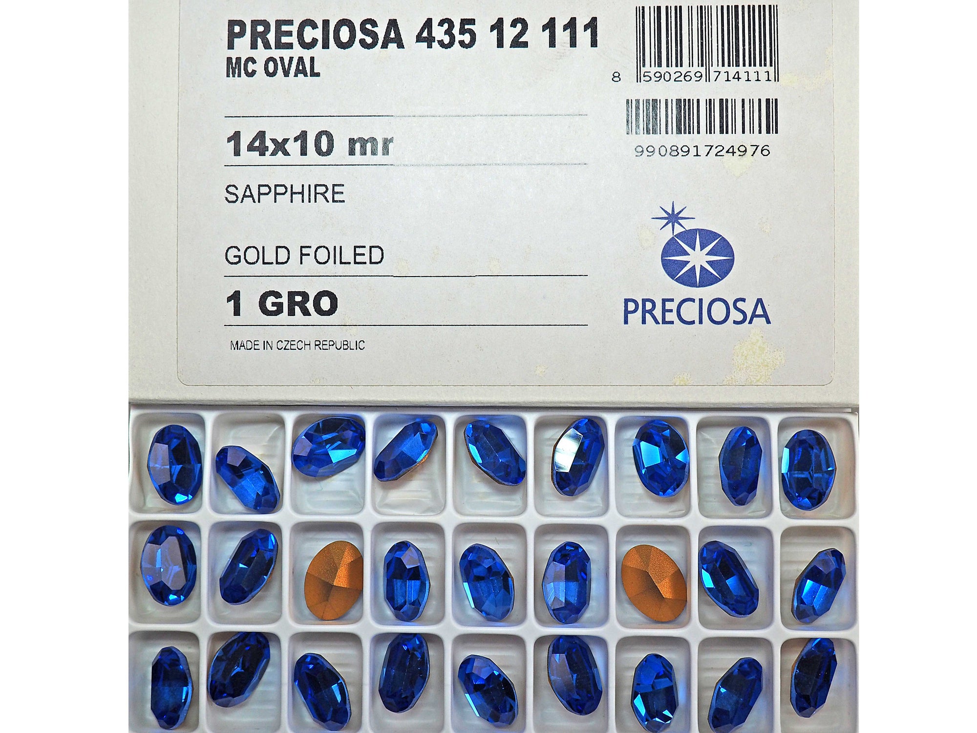 Sapphire, Preciosa Czech MC OVAL Stones in size 14x10mm, 12 pieces, Gold Foiled, P599